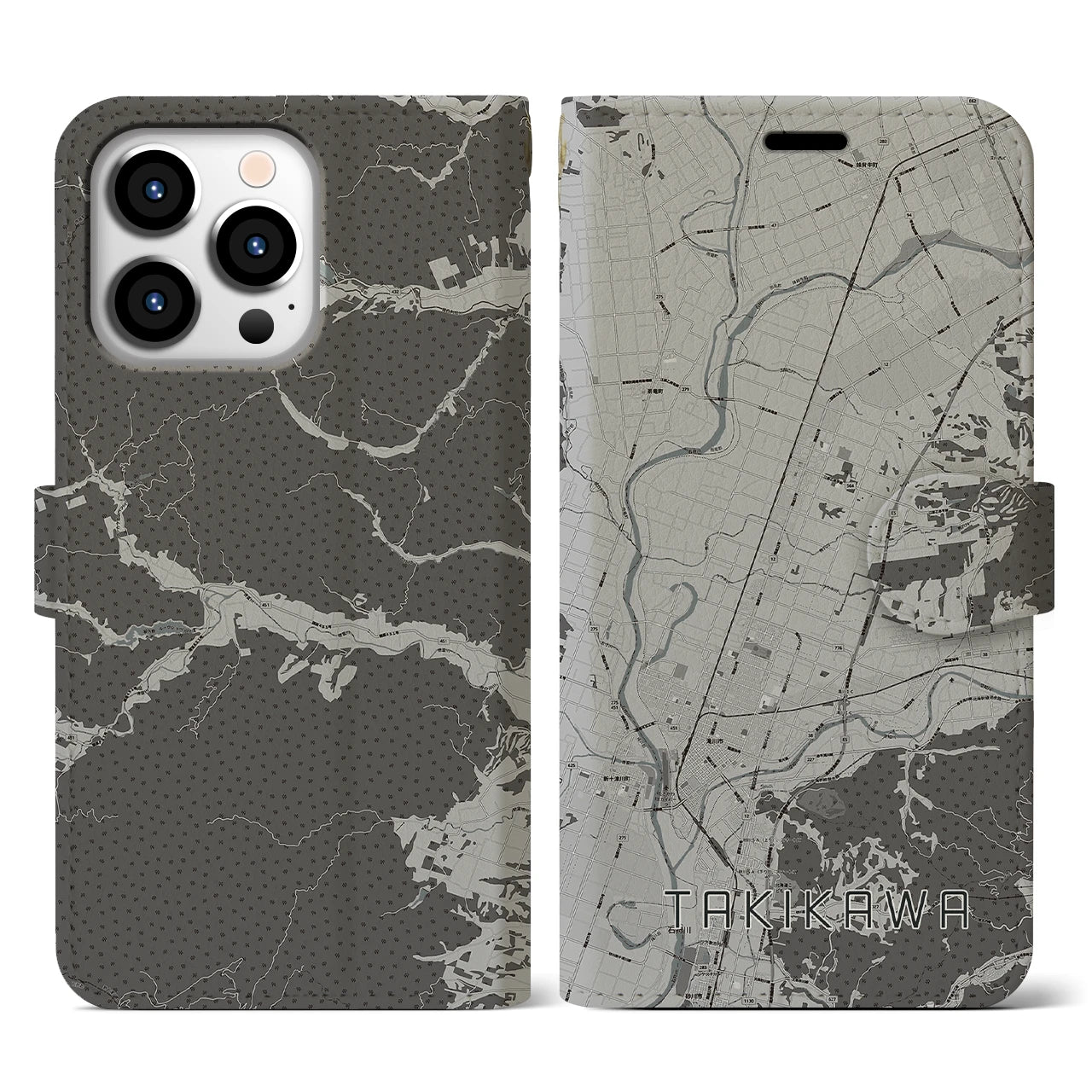 【滝川(北海道)】地図柄iPhoneケース(手帳タイプ)モノトーン・iPhone 13 Pro 用