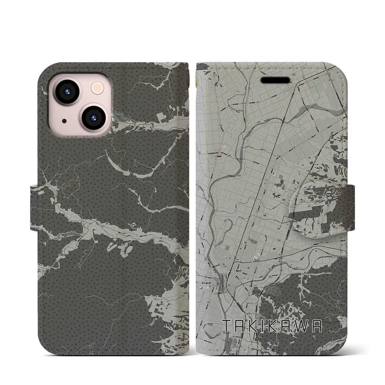 【滝川(北海道)】地図柄iPhoneケース(手帳タイプ)モノトーン・iPhone 13 mini 用