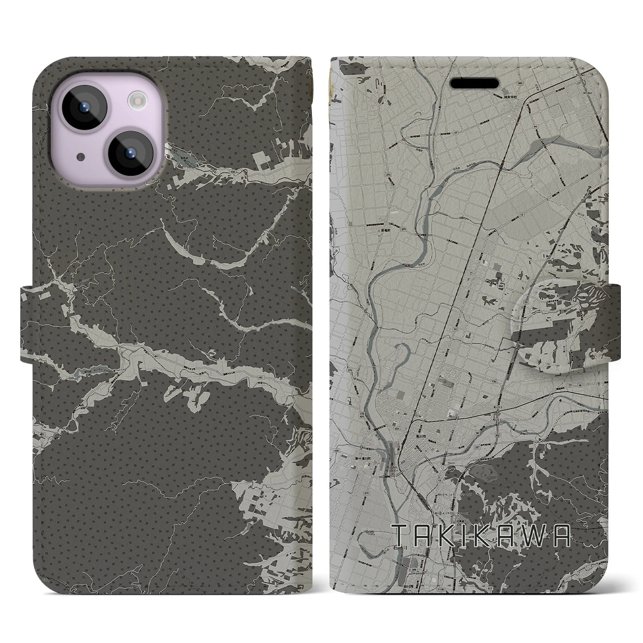 【滝川(北海道)】地図柄iPhoneケース(手帳タイプ)モノトーン・iPhone 14 用