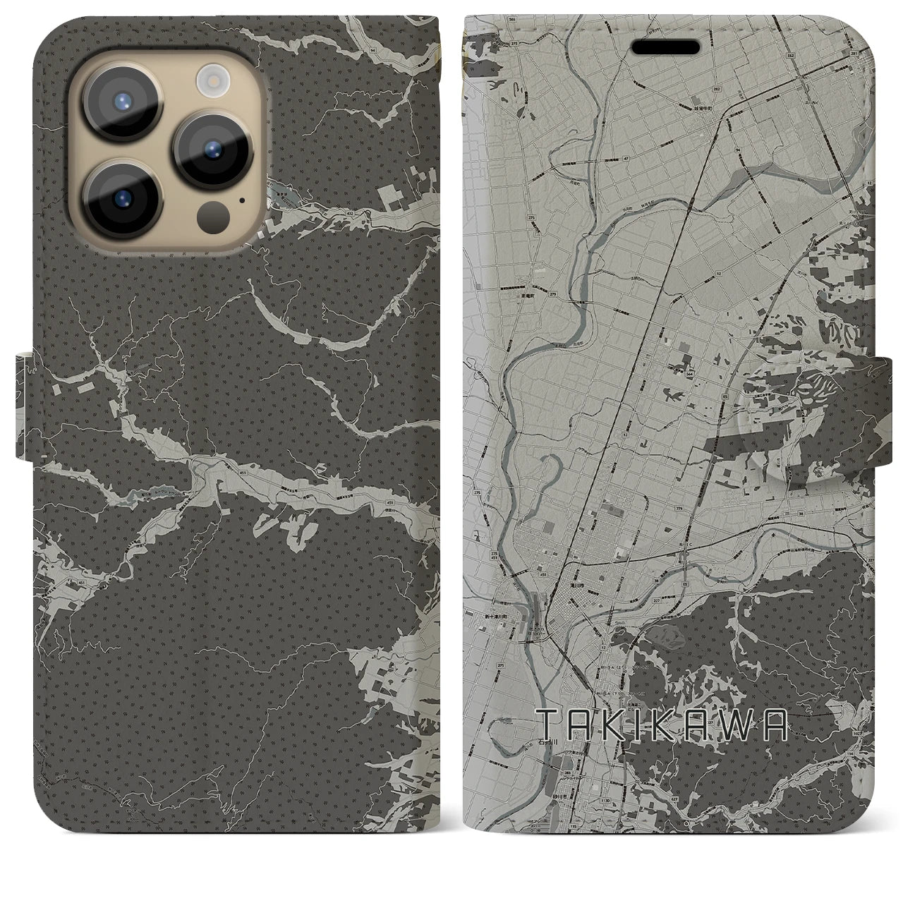 【滝川(北海道)】地図柄iPhoneケース(手帳タイプ)モノトーン・iPhone 14 Pro Max 用