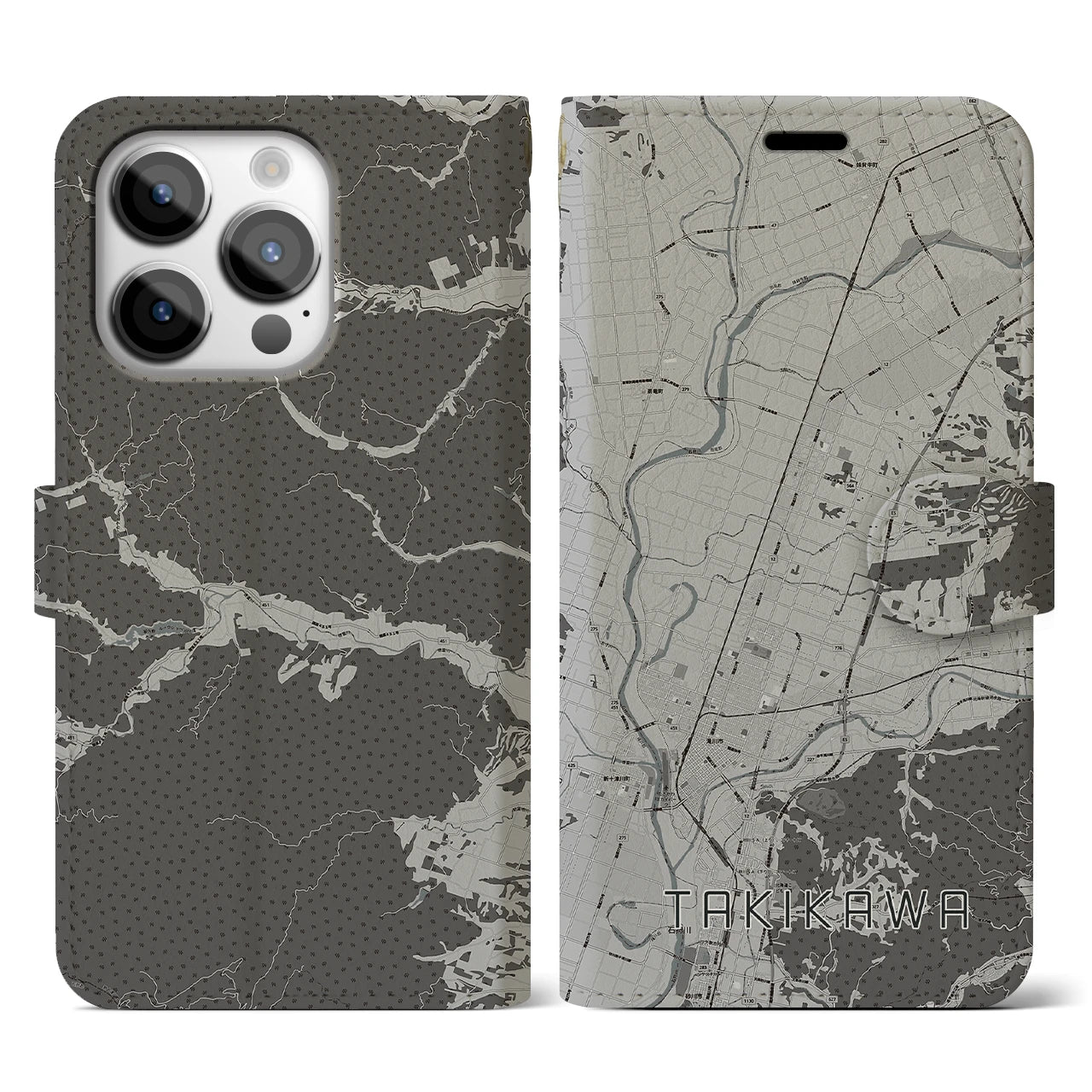 【滝川(北海道)】地図柄iPhoneケース(手帳タイプ)モノトーン・iPhone 14 Pro 用