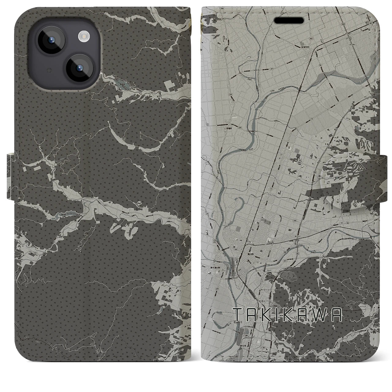 【滝川(北海道)】地図柄iPhoneケース(手帳タイプ)モノトーン・iPhone 14 Plus 用
