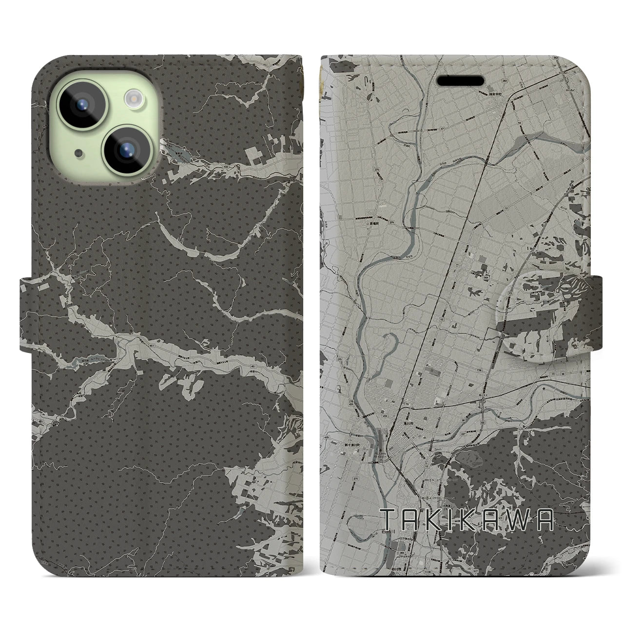 【滝川(北海道)】地図柄iPhoneケース(手帳タイプ)モノトーン・iPhone 15 用