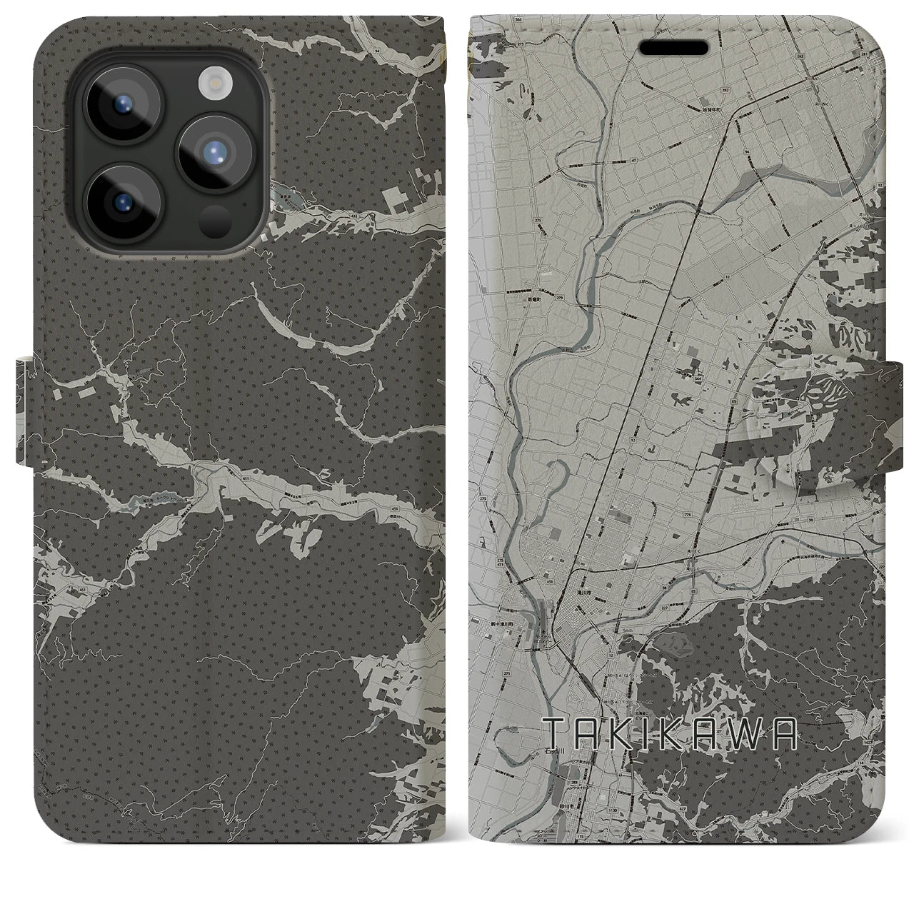 【滝川(北海道)】地図柄iPhoneケース(手帳タイプ)モノトーン・iPhone 15 Pro Max 用