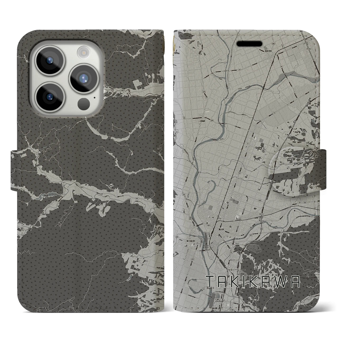 【滝川(北海道)】地図柄iPhoneケース(手帳タイプ)モノトーン・iPhone 15 Pro 用