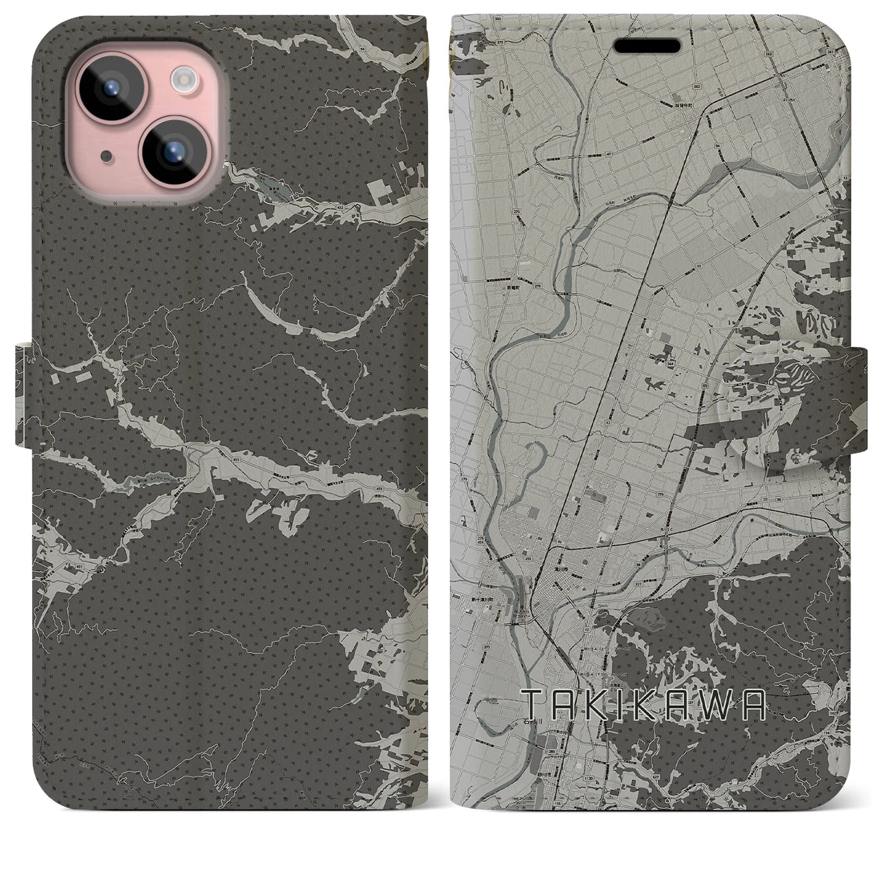 【滝川(北海道)】地図柄iPhoneケース(手帳タイプ)モノトーン・iPhone 15 Plus 用