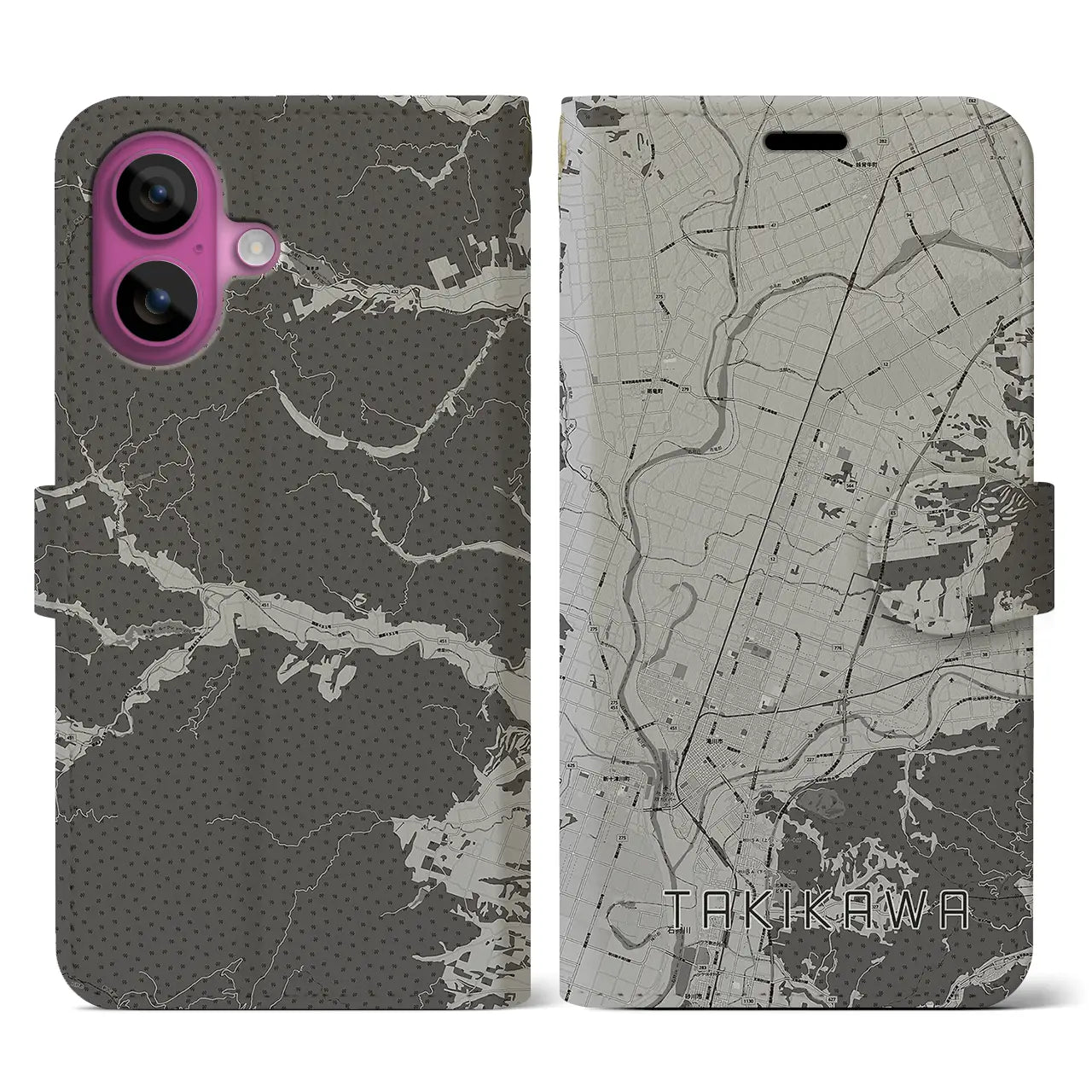【滝川(北海道)】地図柄iPhoneケース(手帳タイプ)モノトーン・iPhone 16 Pro 用