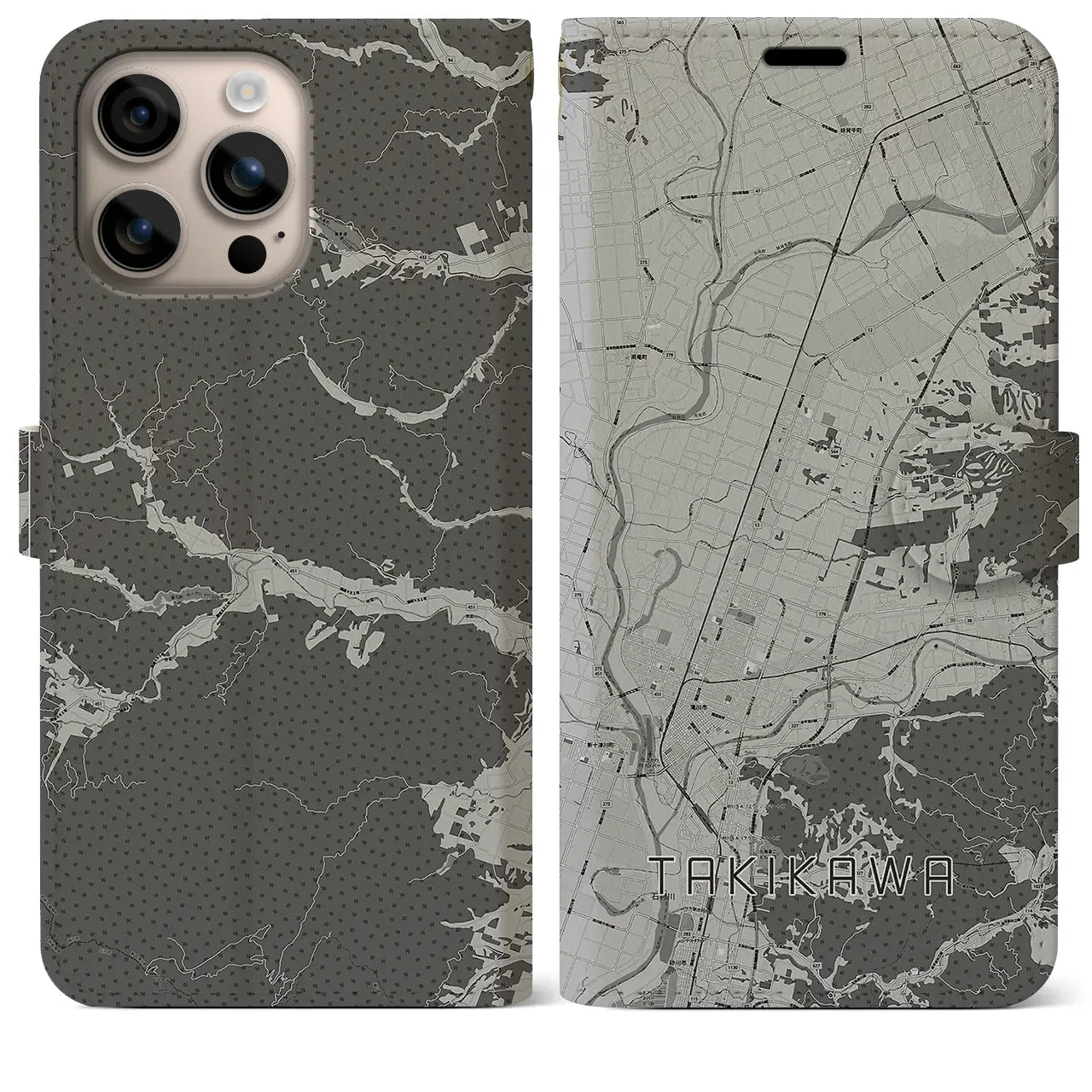 【滝川(北海道)】地図柄iPhoneケース(手帳タイプ)モノトーン・iPhone 16 Plus 用