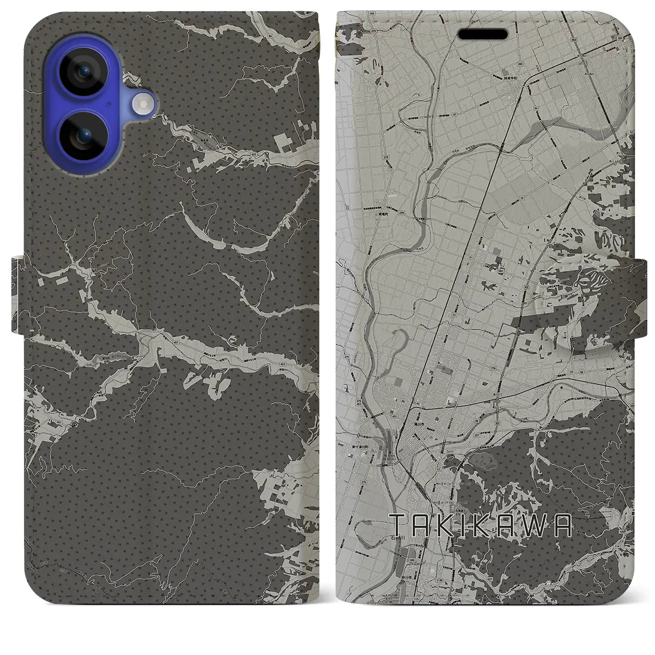 【滝川(北海道)】地図柄iPhoneケース(手帳タイプ)モノトーン・iPhone 16 Pro Max 用