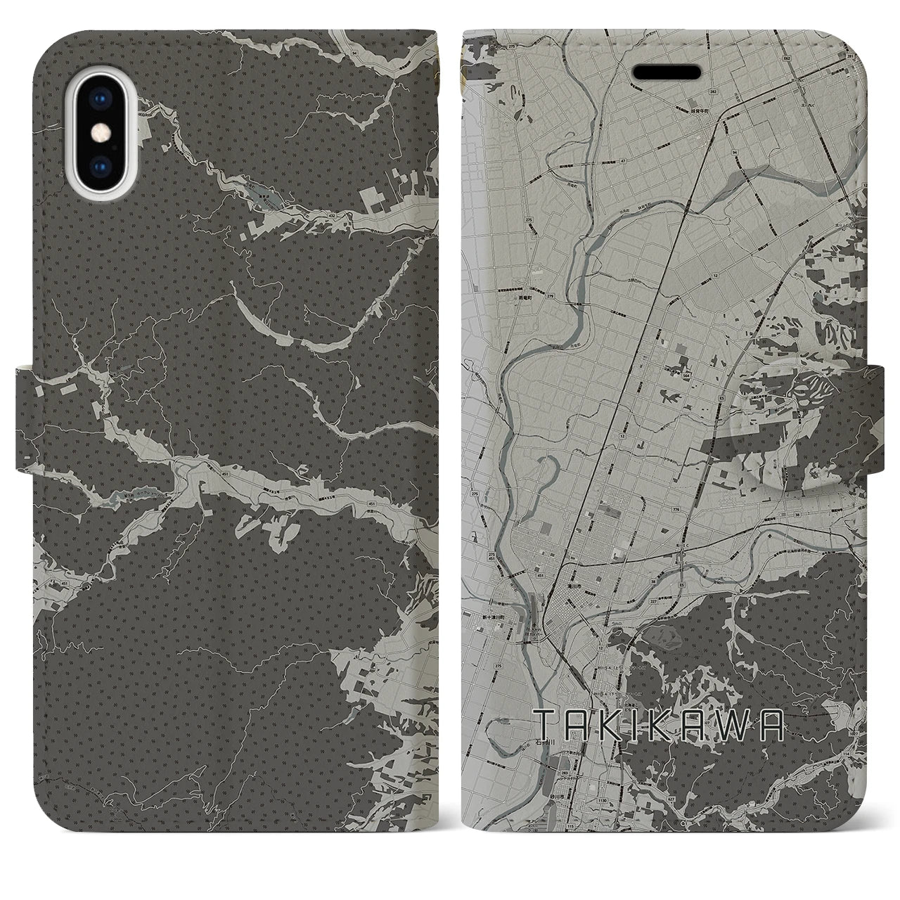 【滝川(北海道)】地図柄iPhoneケース(手帳タイプ)モノトーン・iPhone XS Max 用