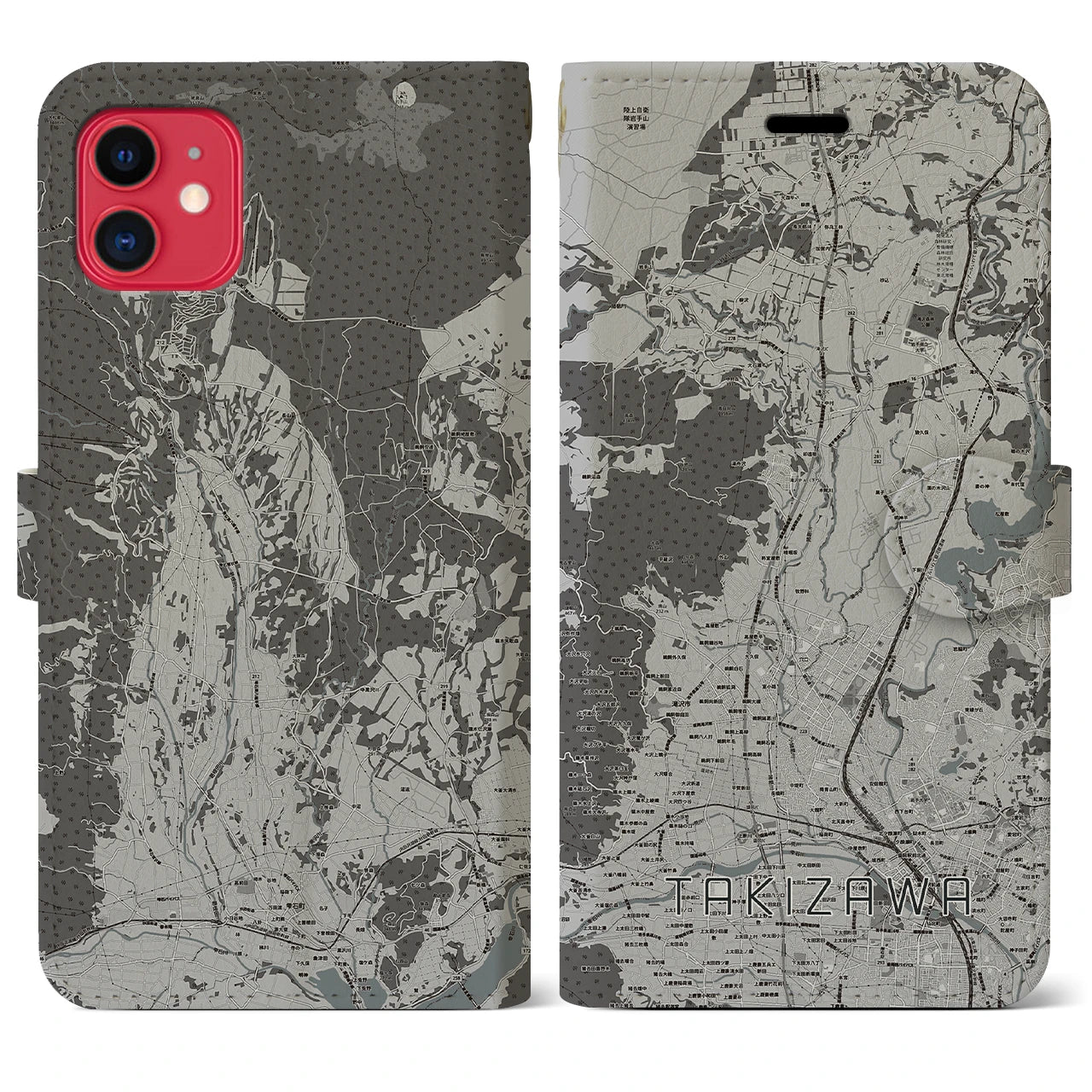 【滝沢(岩手県)】地図柄iPhoneケース(手帳タイプ)モノトーン・iPhone 11 用