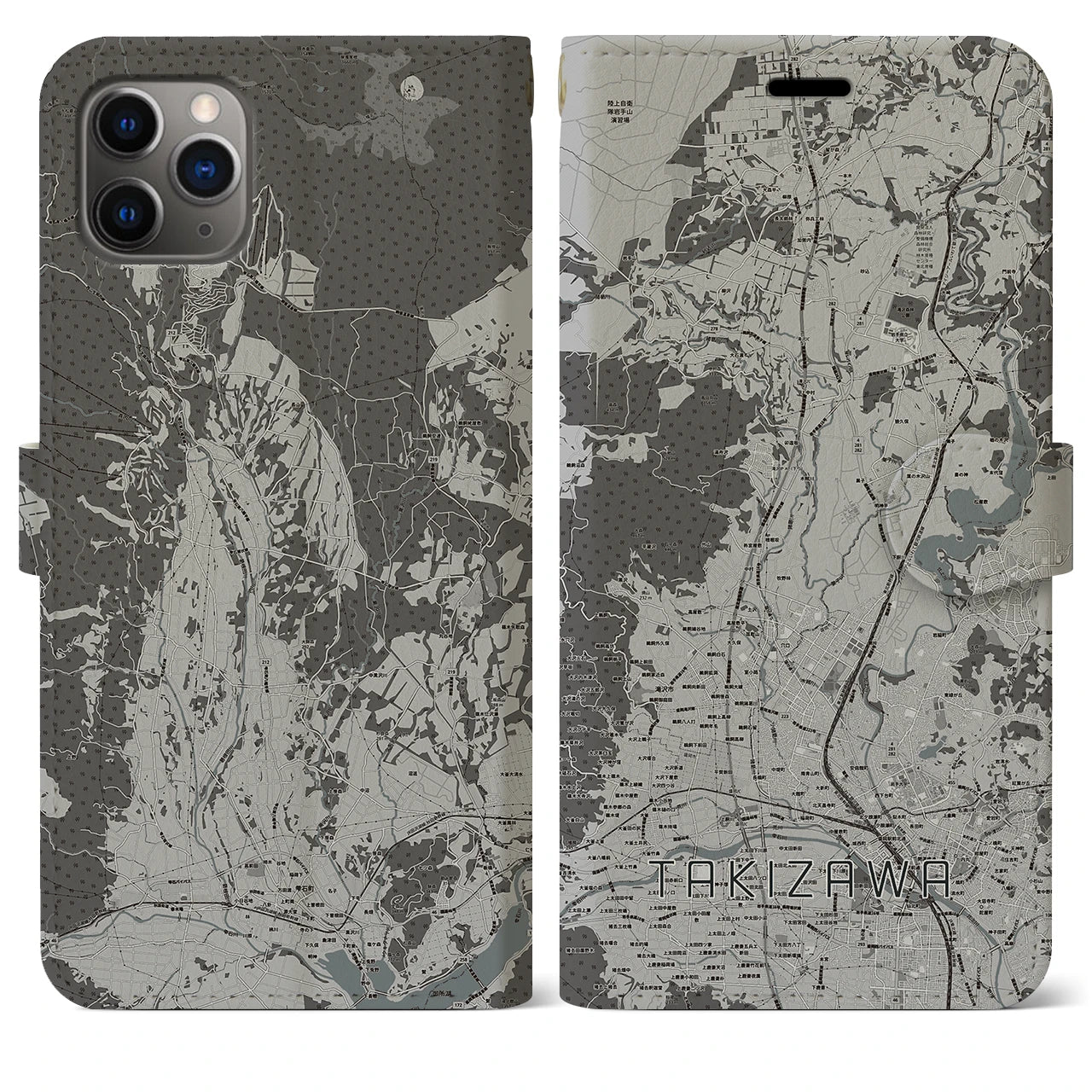 【滝沢(岩手県)】地図柄iPhoneケース(手帳タイプ)モノトーン・iPhone 11 Pro Max 用