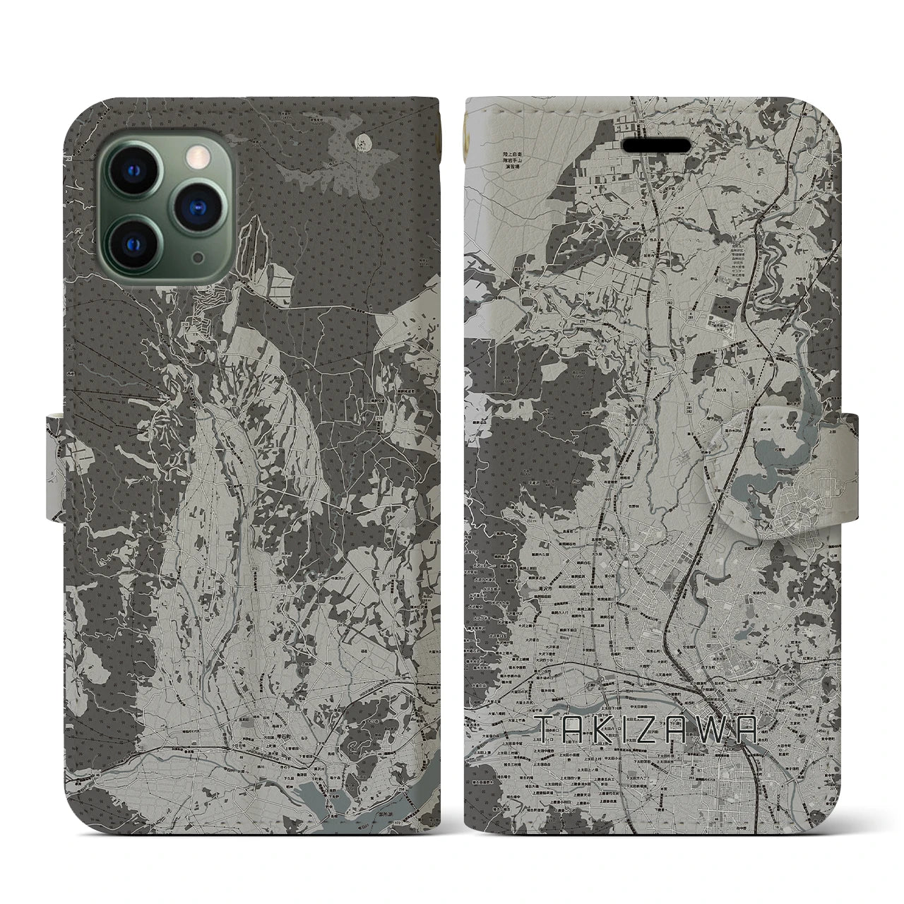 【滝沢(岩手県)】地図柄iPhoneケース(手帳タイプ)モノトーン・iPhone 11 Pro 用