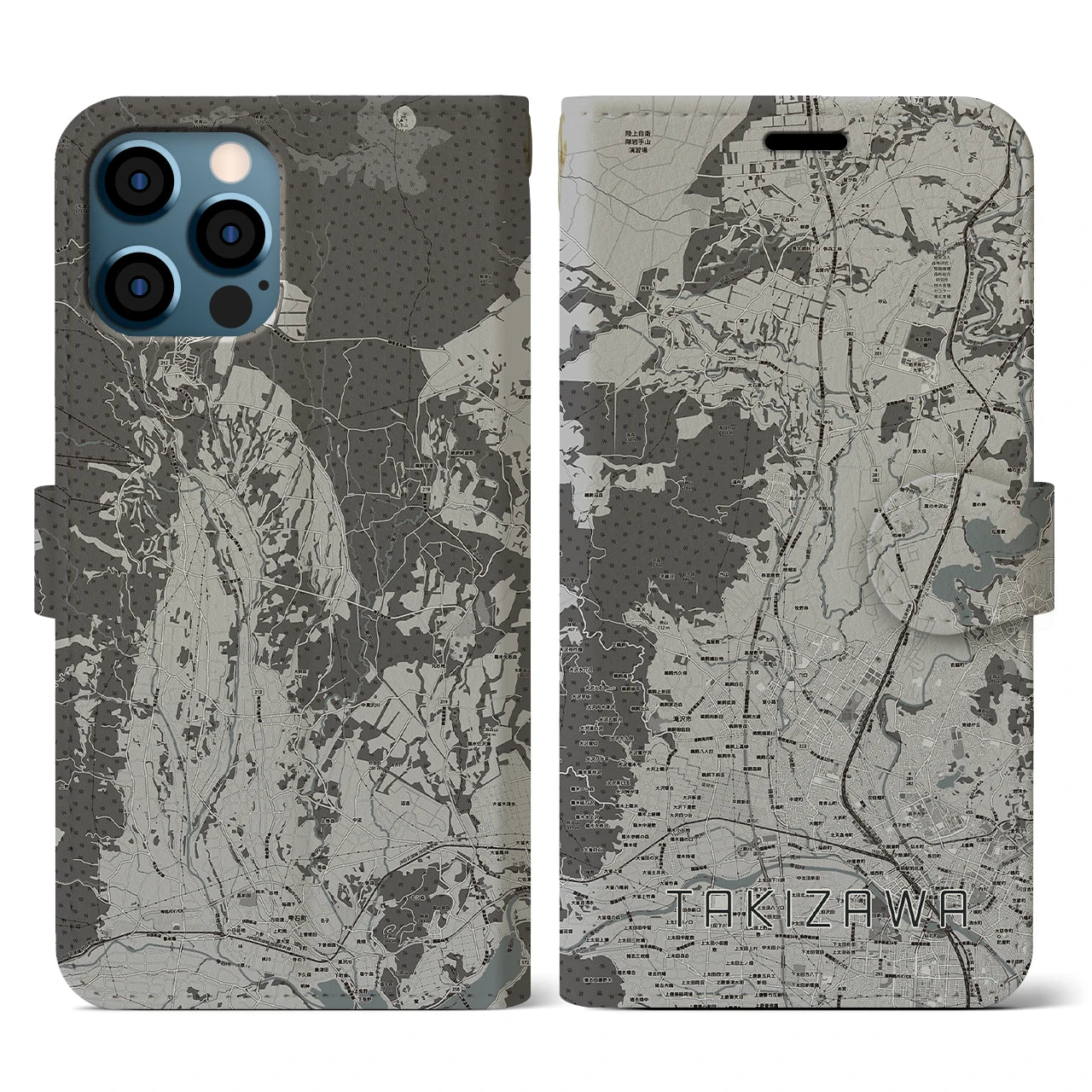【滝沢(岩手県)】地図柄iPhoneケース(手帳タイプ)モノトーン・iPhone 12 / 12 Pro 用