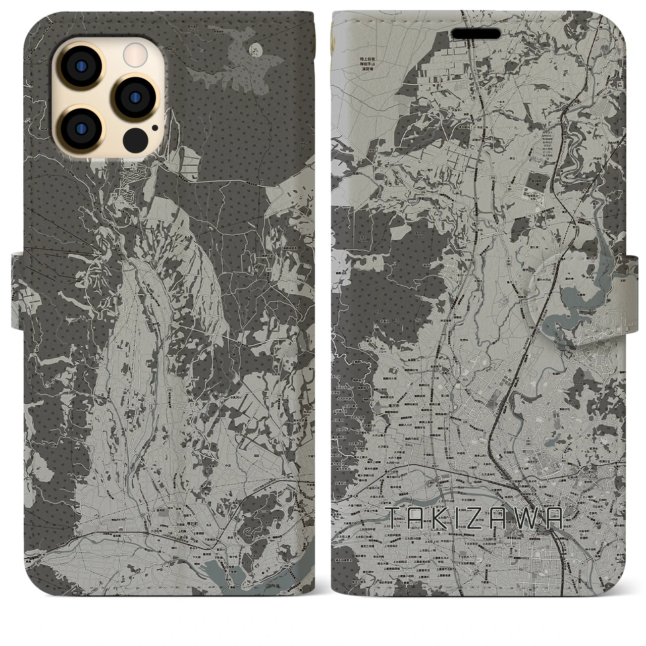 【滝沢(岩手県)】地図柄iPhoneケース(手帳タイプ)モノトーン・iPhone 12 Pro Max 用