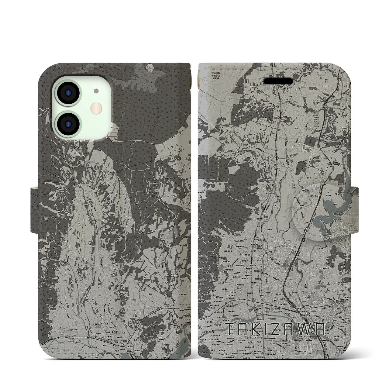 【滝沢(岩手県)】地図柄iPhoneケース(手帳タイプ)モノトーン・iPhone 12 mini 用