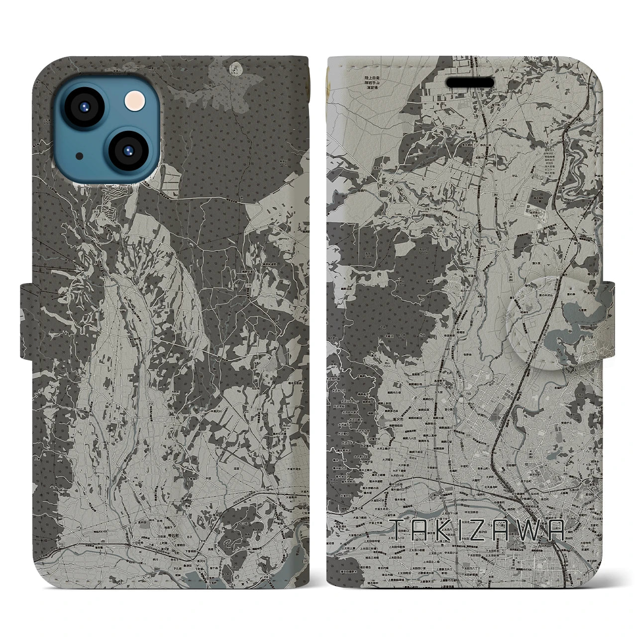 【滝沢(岩手県)】地図柄iPhoneケース(手帳タイプ)モノトーン・iPhone 13 用