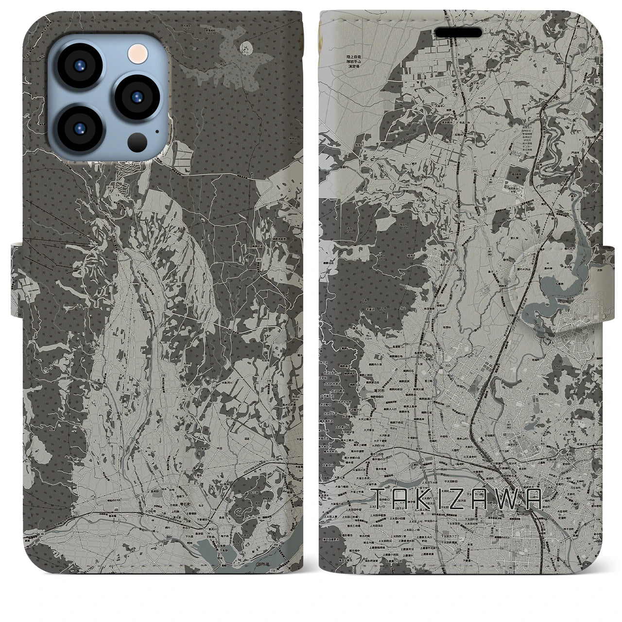 【滝沢(岩手県)】地図柄iPhoneケース(手帳タイプ)モノトーン・iPhone 13 Pro Max 用