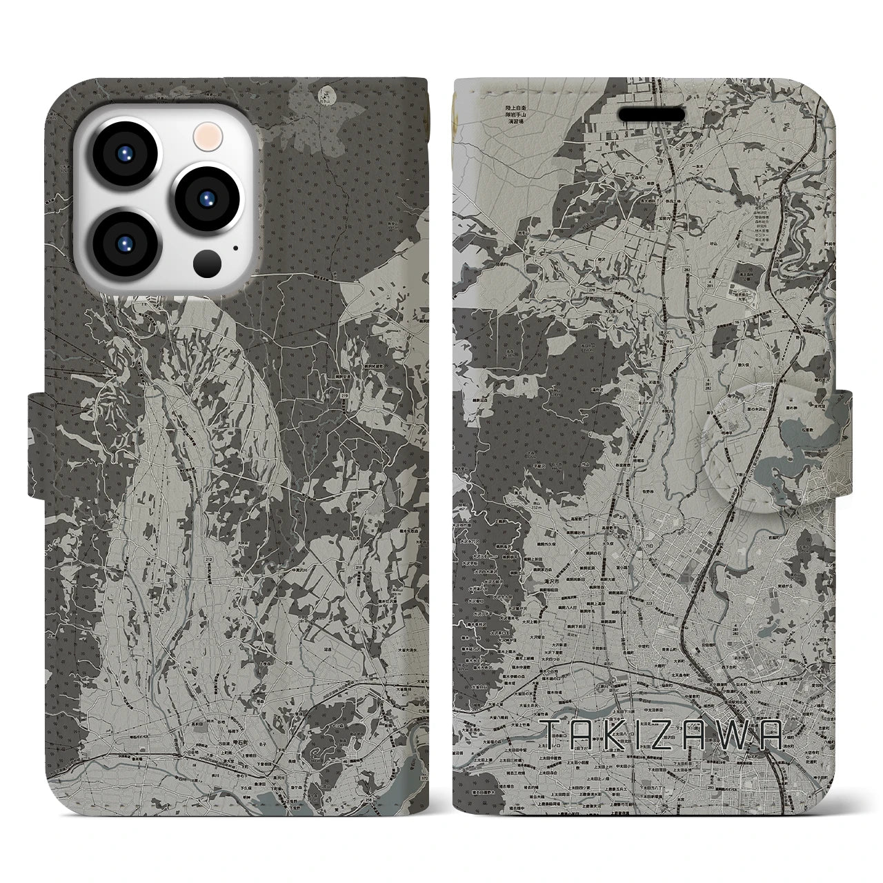 【滝沢(岩手県)】地図柄iPhoneケース(手帳タイプ)モノトーン・iPhone 13 Pro 用