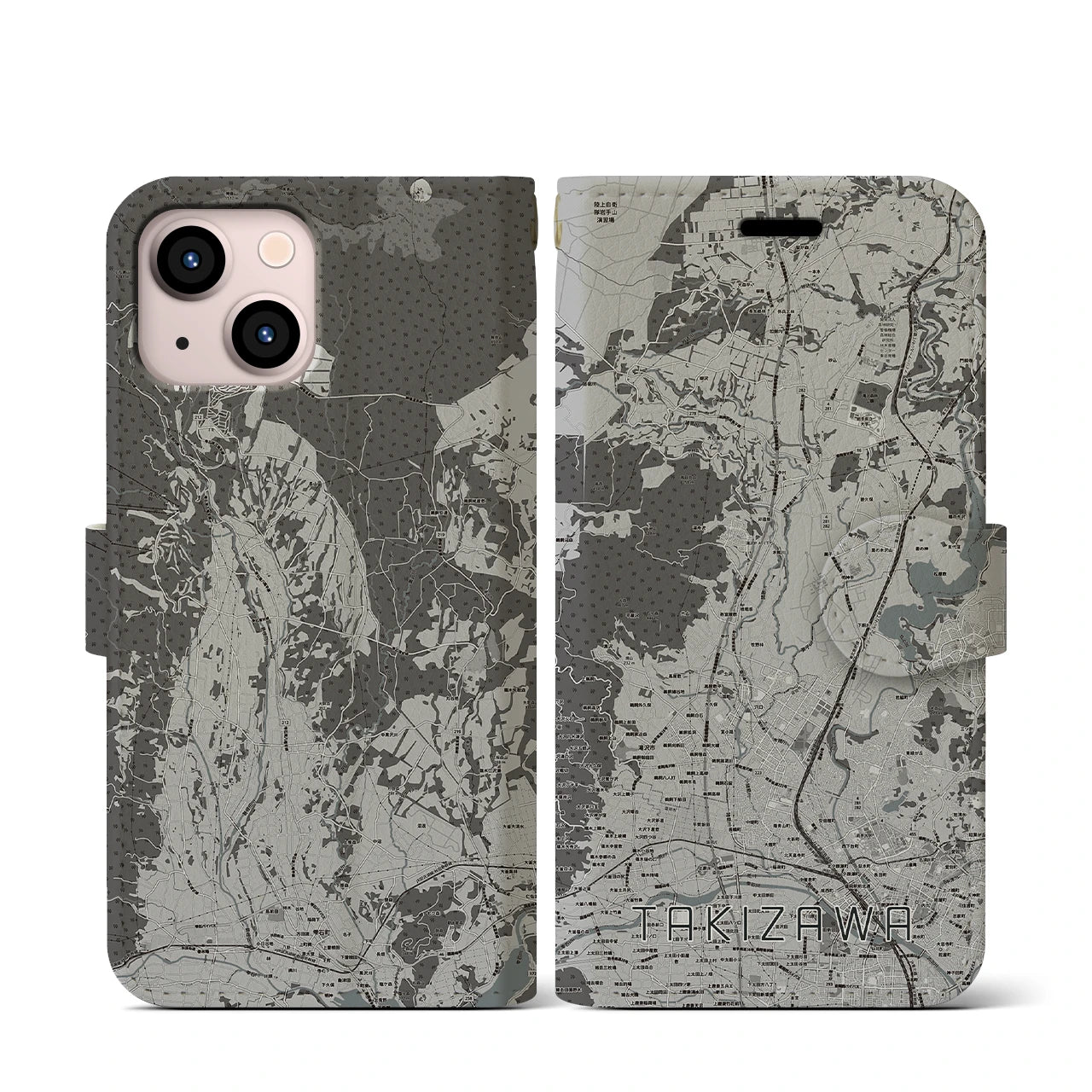 【滝沢(岩手県)】地図柄iPhoneケース(手帳タイプ)モノトーン・iPhone 13 mini 用
