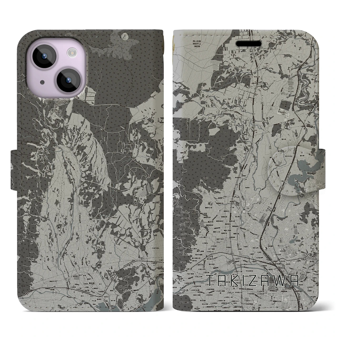【滝沢(岩手県)】地図柄iPhoneケース(手帳タイプ)モノトーン・iPhone 14 用