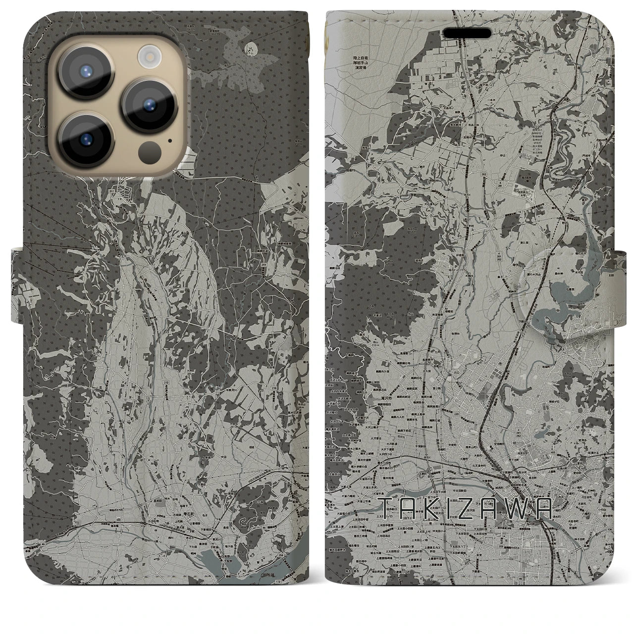 【滝沢(岩手県)】地図柄iPhoneケース(手帳タイプ)モノトーン・iPhone 14 Pro Max 用