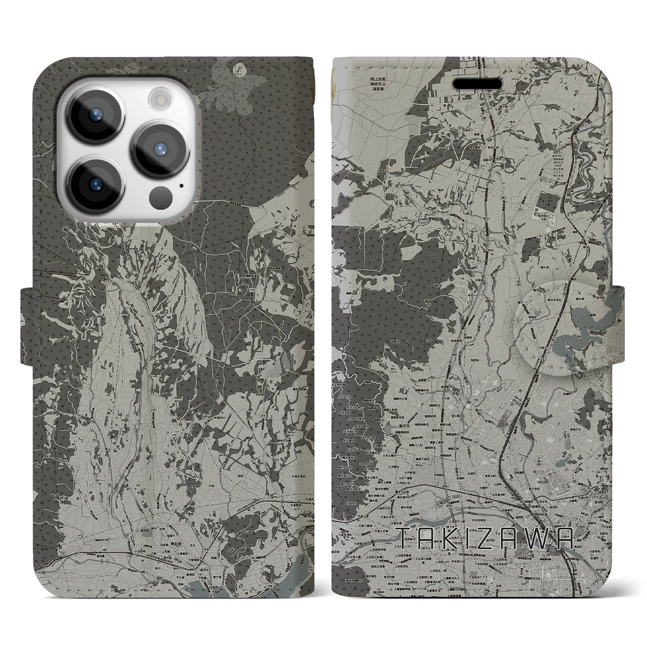 【滝沢(岩手県)】地図柄iPhoneケース(手帳タイプ)モノトーン・iPhone 14 Pro 用