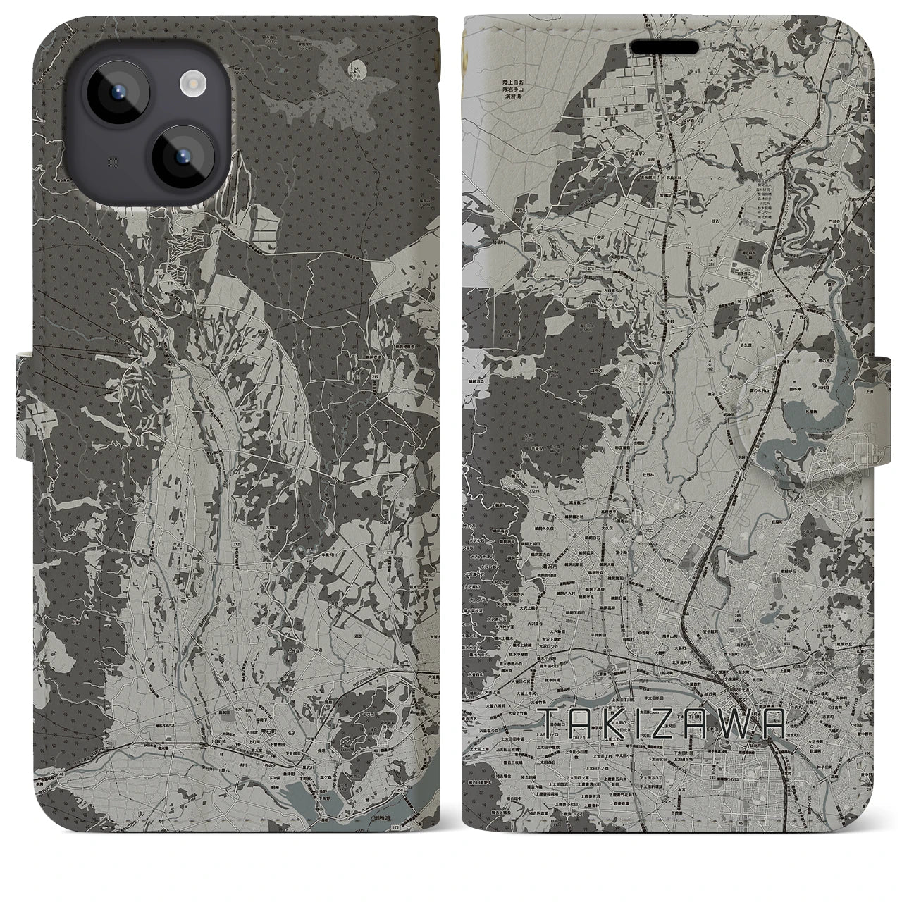 【滝沢(岩手県)】地図柄iPhoneケース(手帳タイプ)モノトーン・iPhone 14 Plus 用