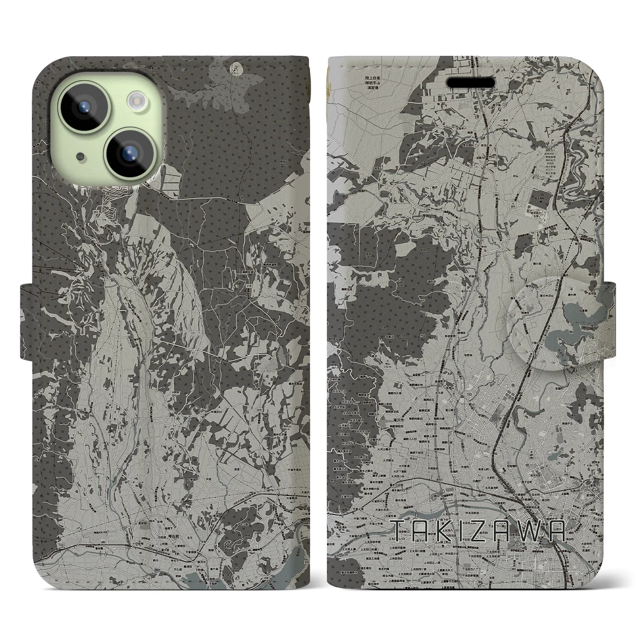 【滝沢(岩手県)】地図柄iPhoneケース(手帳タイプ)モノトーン・iPhone 15 用