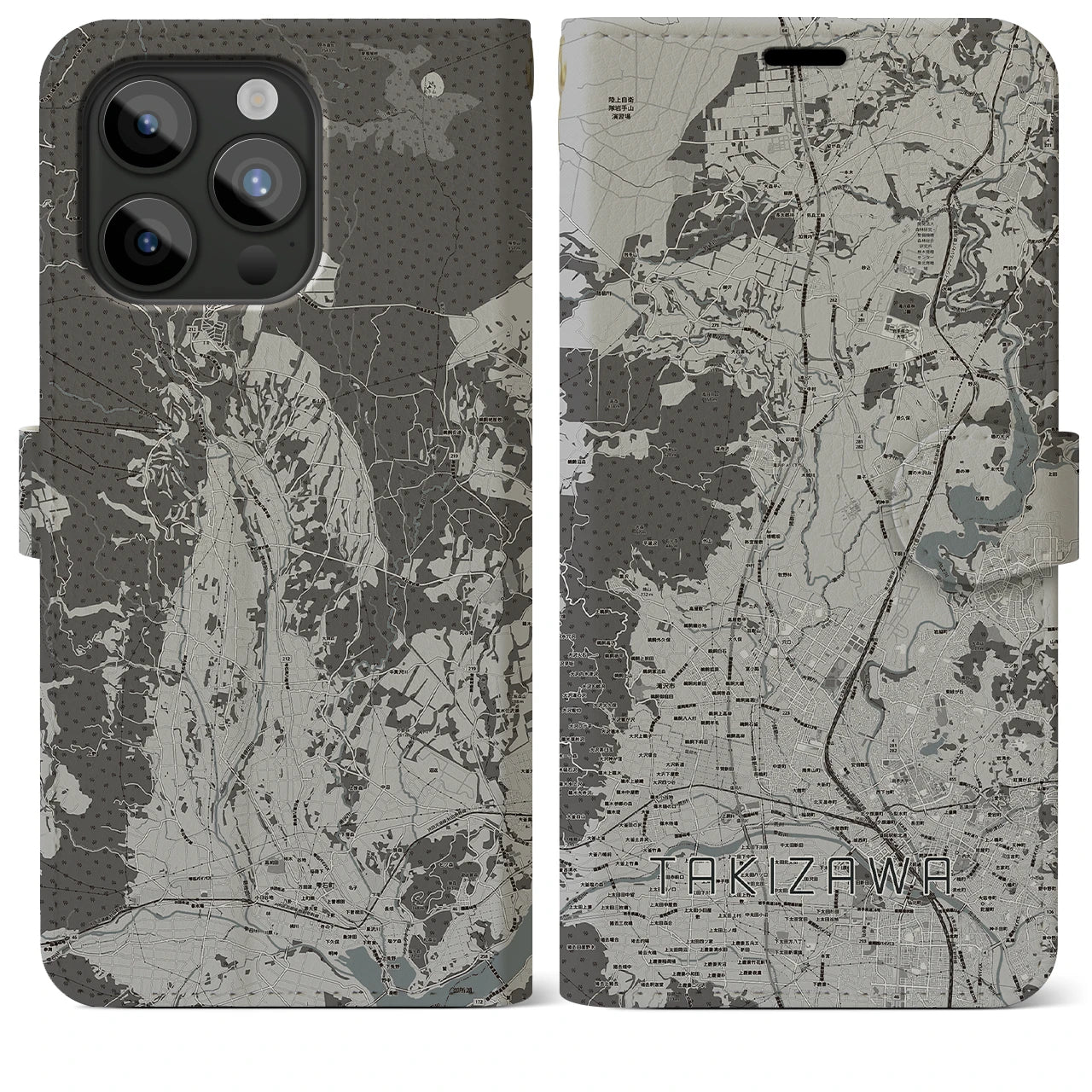【滝沢(岩手県)】地図柄iPhoneケース(手帳タイプ)モノトーン・iPhone 15 Pro Max 用