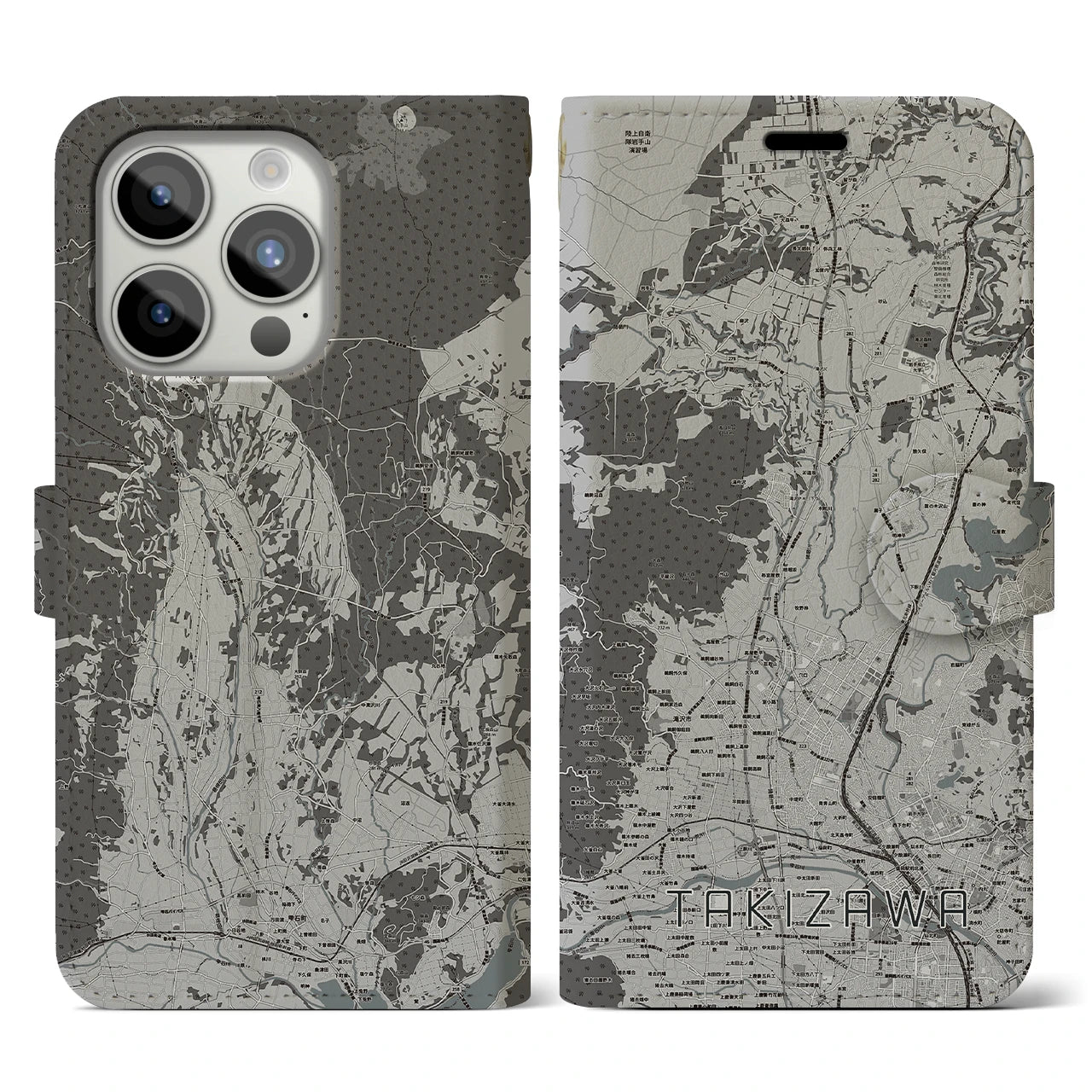 【滝沢(岩手県)】地図柄iPhoneケース(手帳タイプ)モノトーン・iPhone 15 Pro 用