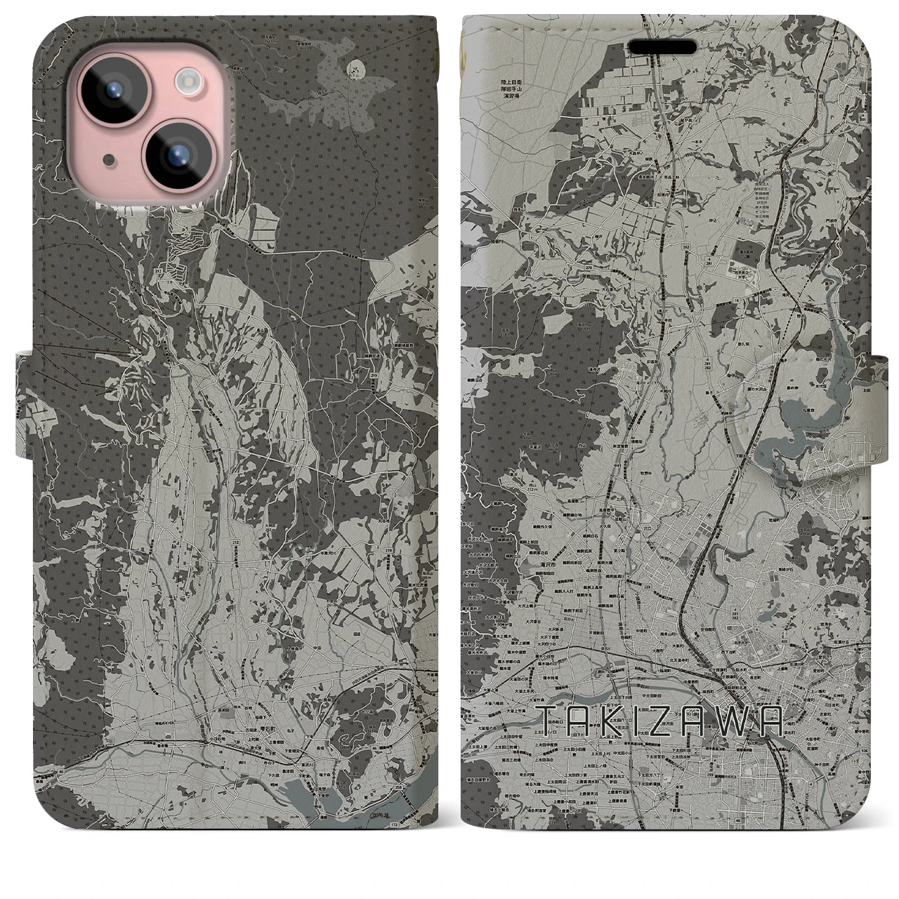 【滝沢(岩手県)】地図柄iPhoneケース(手帳タイプ)モノトーン・iPhone 15 Plus 用