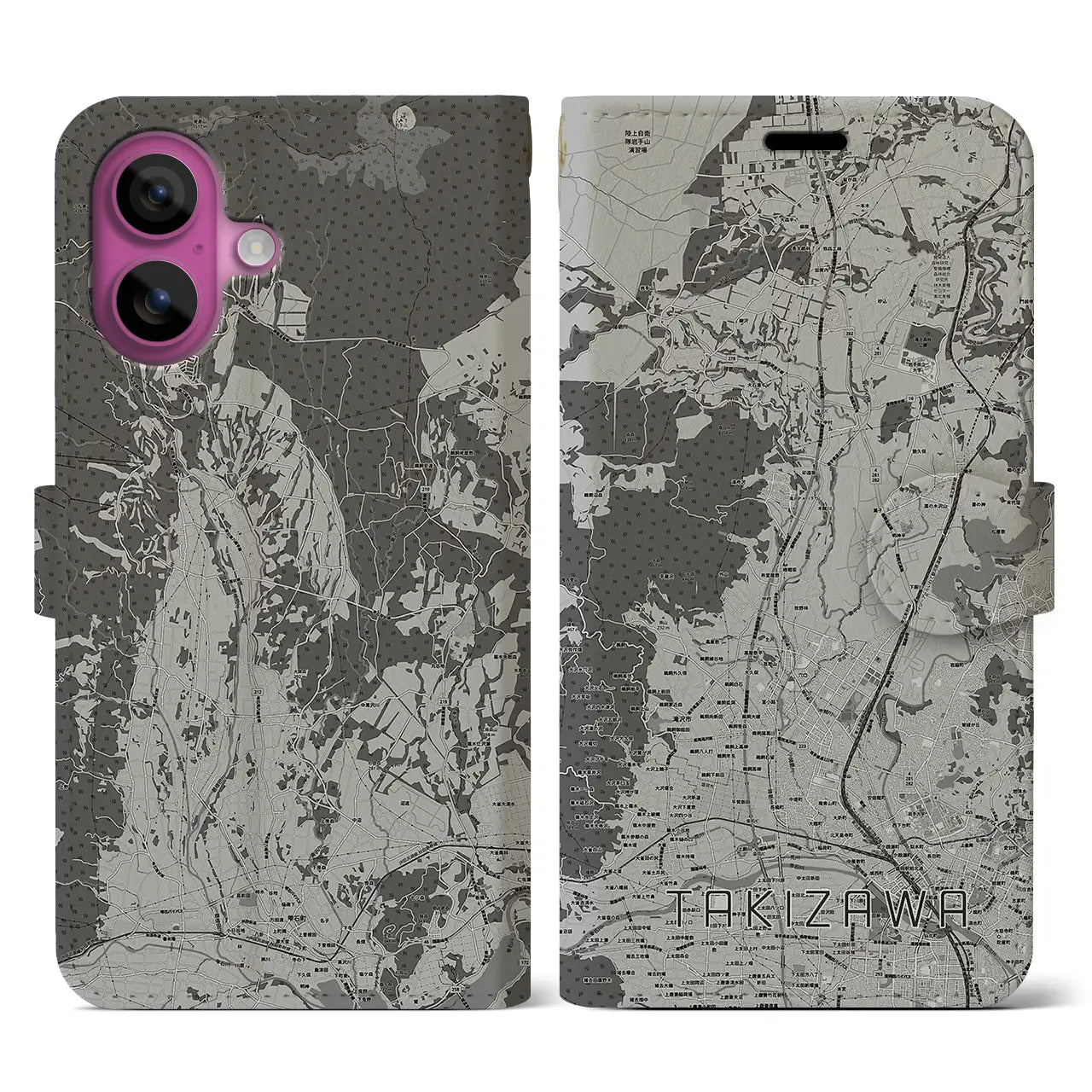 【滝沢(岩手県)】地図柄iPhoneケース(手帳タイプ)モノトーン・iPhone 16 Pro 用