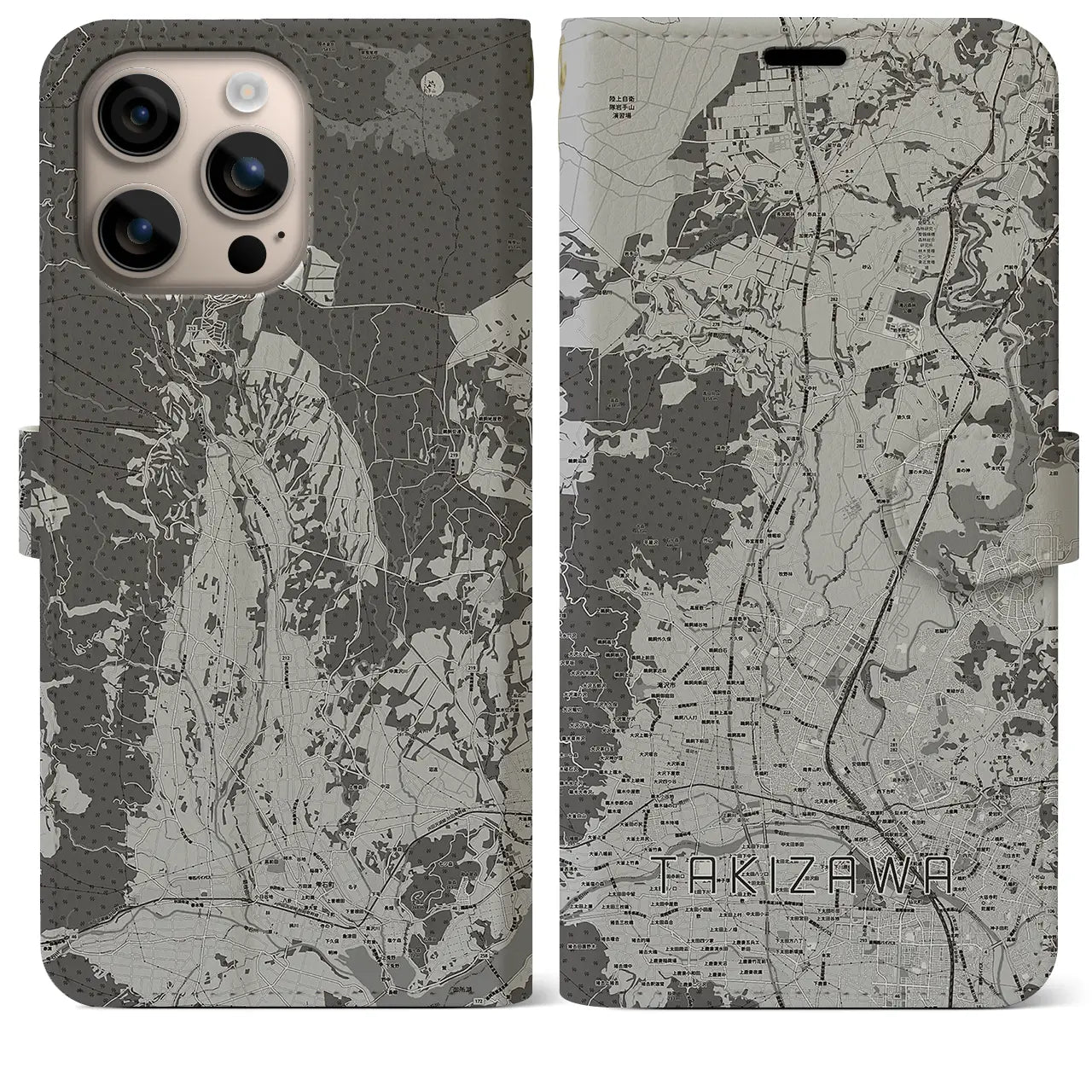 【滝沢(岩手県)】地図柄iPhoneケース(手帳タイプ)モノトーン・iPhone 16 Plus 用