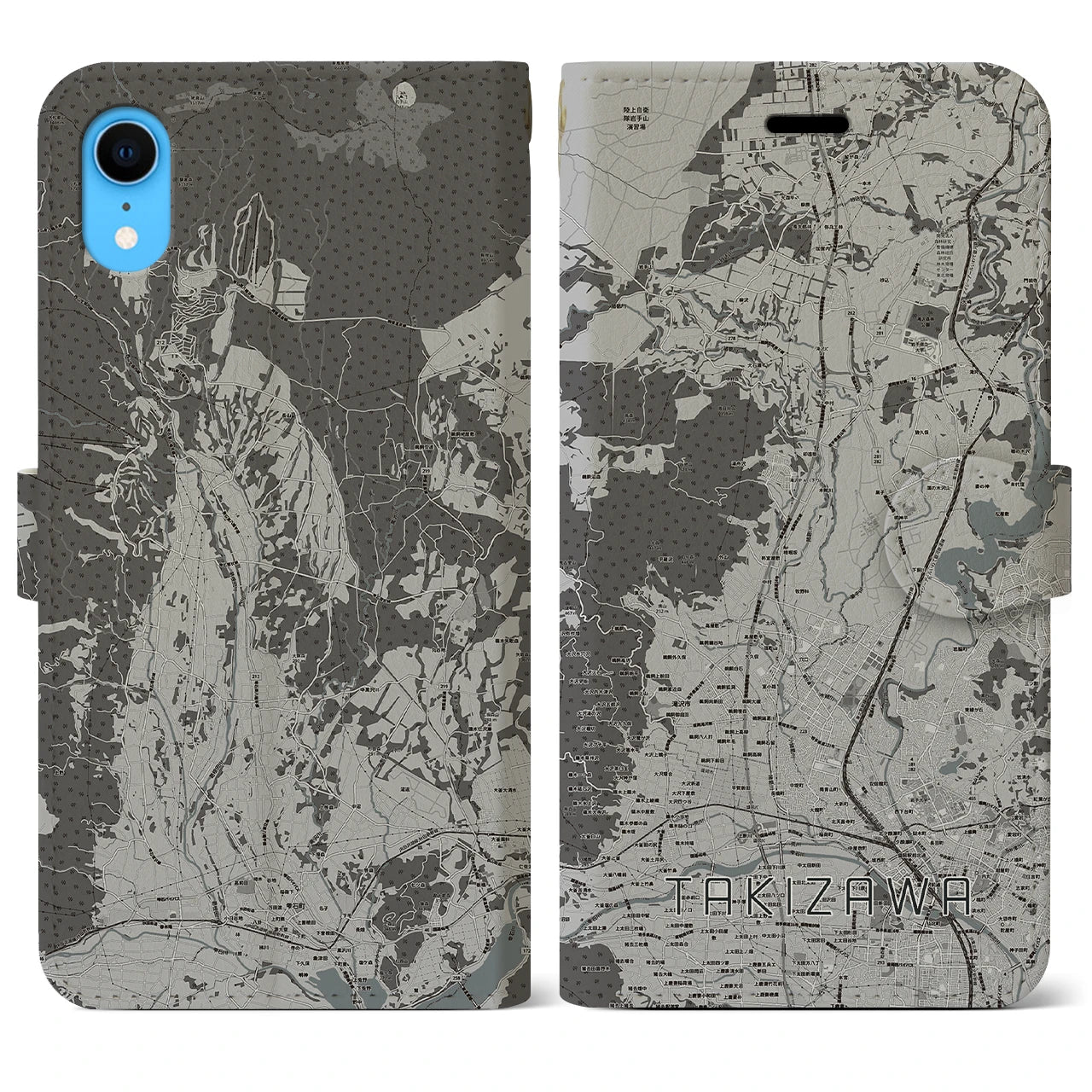 【滝沢(岩手県)】地図柄iPhoneケース(手帳タイプ)モノトーン・iPhone XR 用