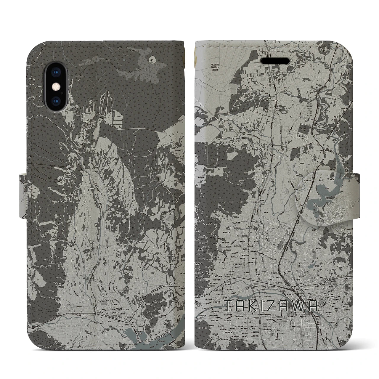 【滝沢(岩手県)】地図柄iPhoneケース(手帳タイプ)モノトーン・iPhone XS / X 用