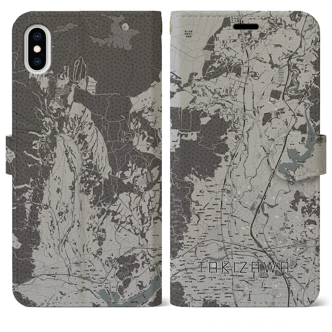 【滝沢(岩手県)】地図柄iPhoneケース(手帳タイプ)モノトーン・iPhone XS Max 用