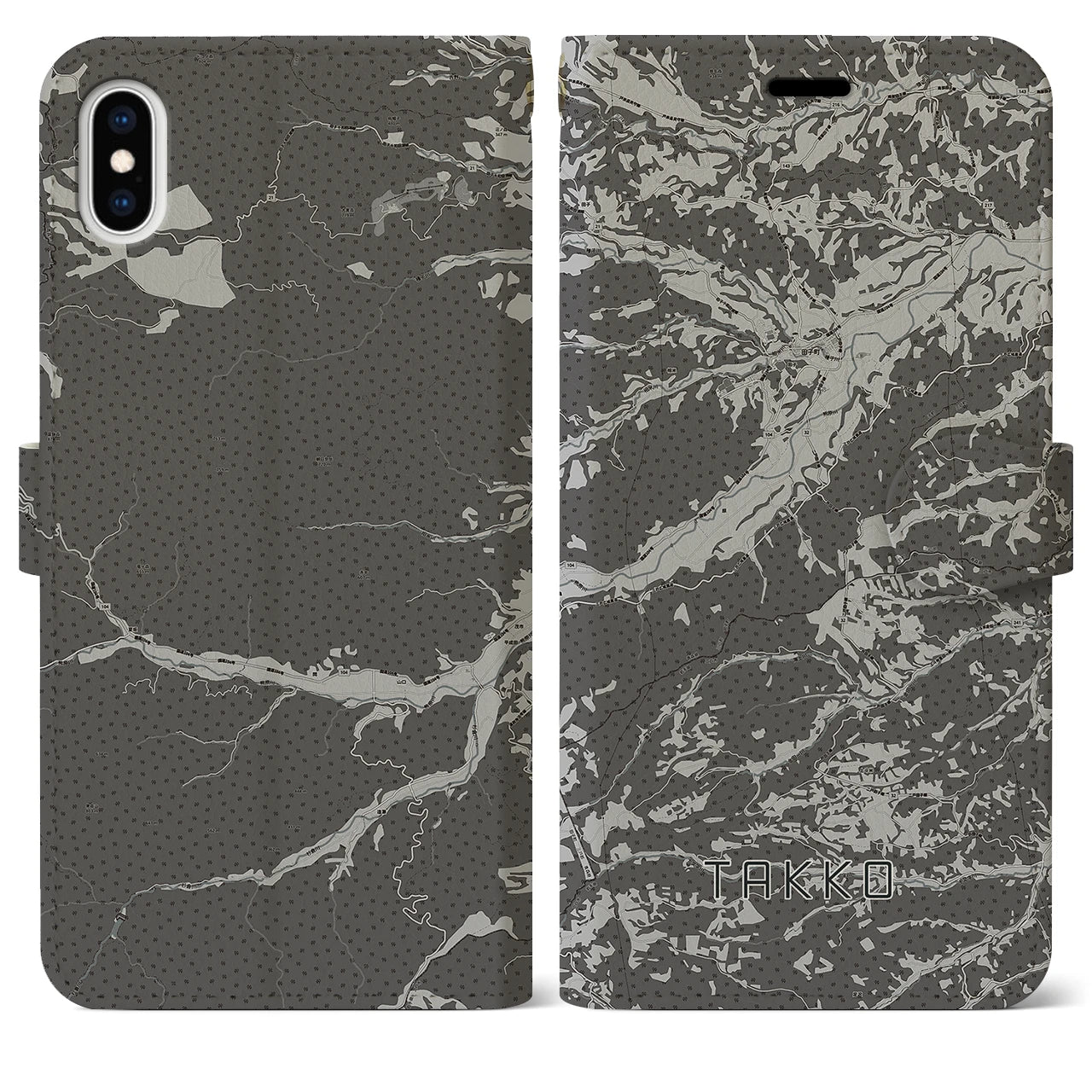 【田子(青森県)】地図柄iPhoneケース(手帳タイプ)モノトーン・iPhone XS Max 用