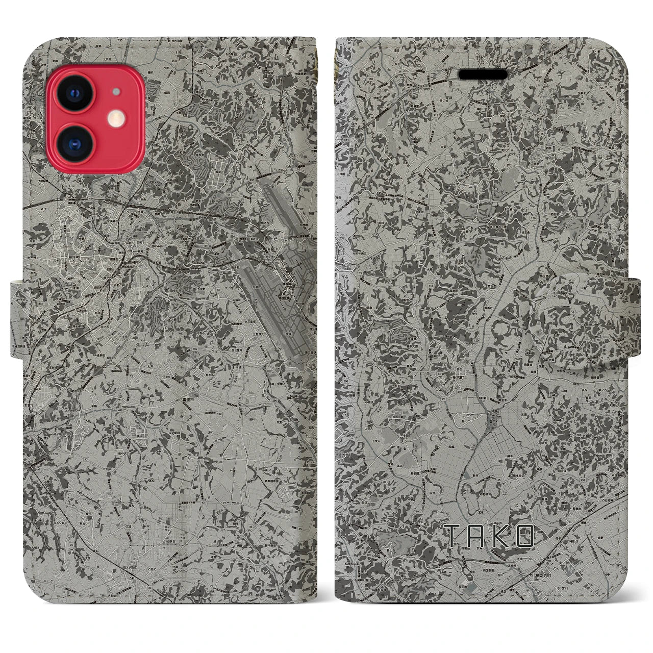 【多古(千葉県)】地図柄iPhoneケース(手帳タイプ)モノトーン・iPhone 11 用