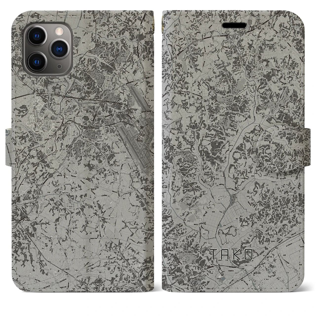 【多古(千葉県)】地図柄iPhoneケース(手帳タイプ)モノトーン・iPhone 11 Pro Max 用