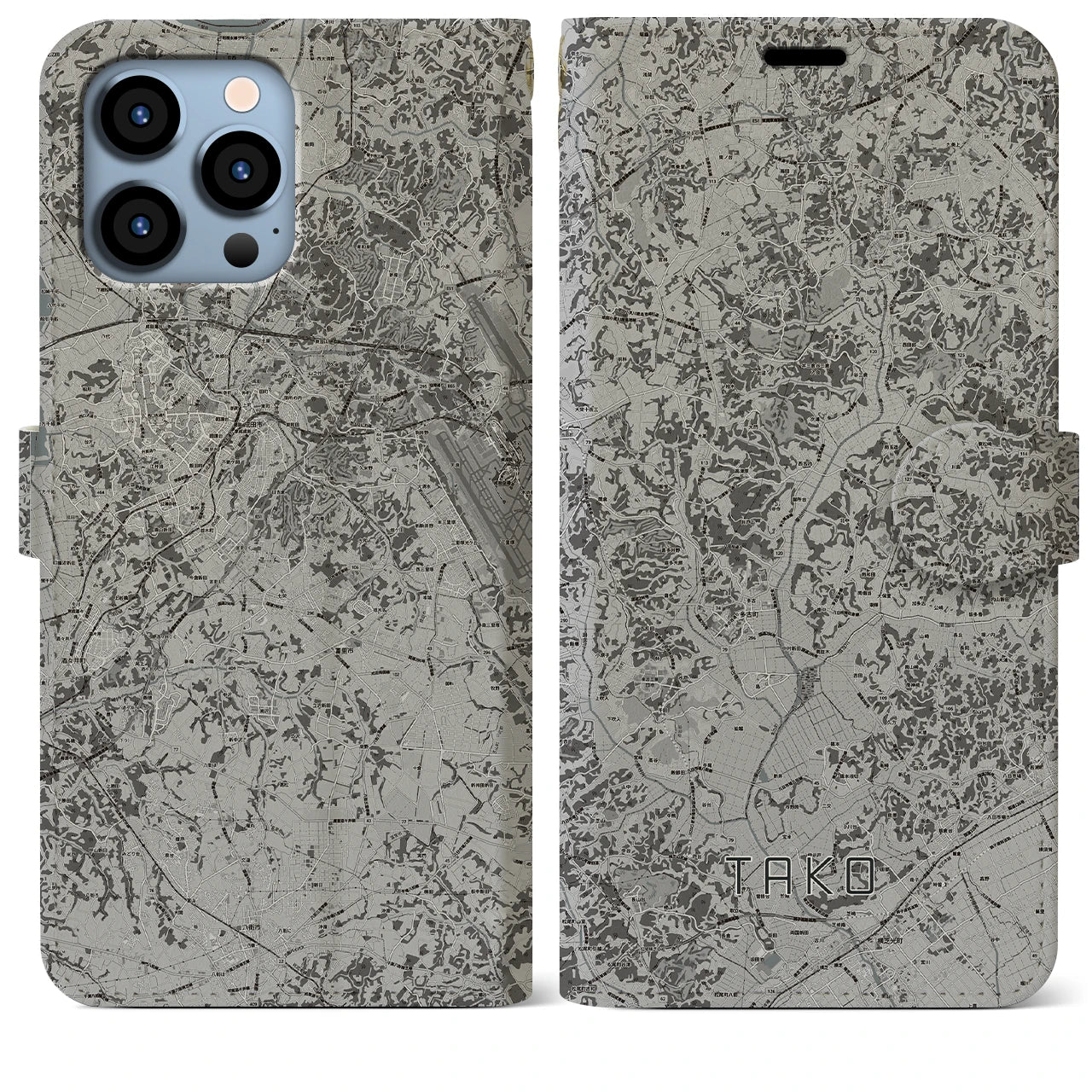 【多古(千葉県)】地図柄iPhoneケース(手帳タイプ)モノトーン・iPhone 13 Pro Max 用