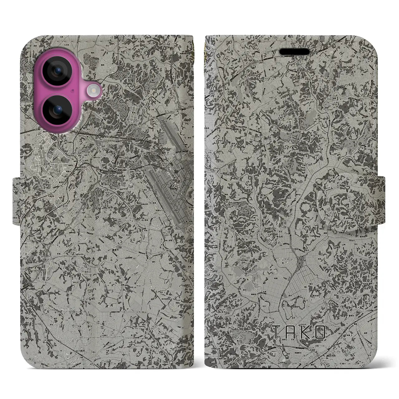 【多古(千葉県)】地図柄iPhoneケース(手帳タイプ)モノトーン・iPhone 16 Pro 用