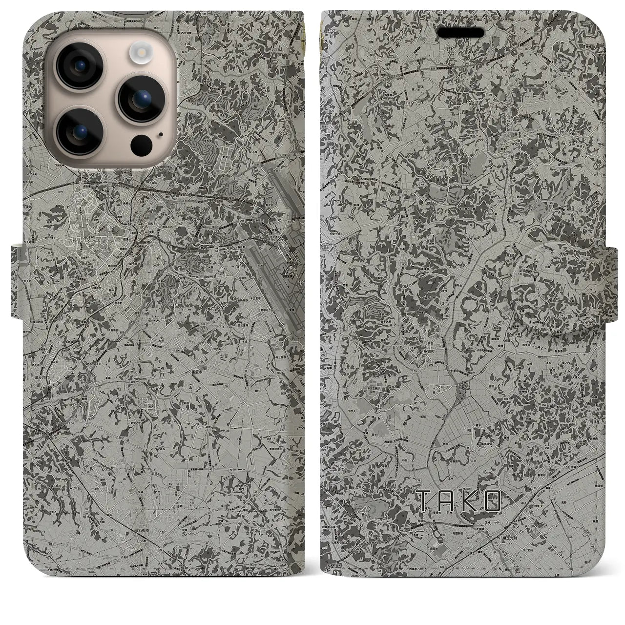【多古(千葉県)】地図柄iPhoneケース(手帳タイプ)モノトーン・iPhone 16 Plus 用