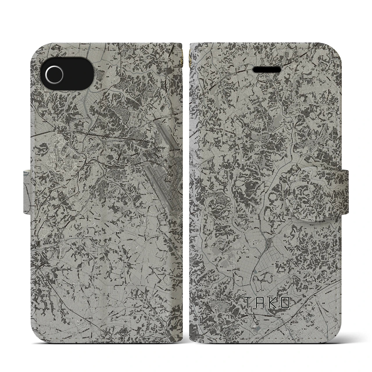 【多古(千葉県)】地図柄iPhoneケース(手帳タイプ)モノトーン・iPhone SE(第3 / 第2世代) / 8 / 7 / 6s / 6 用