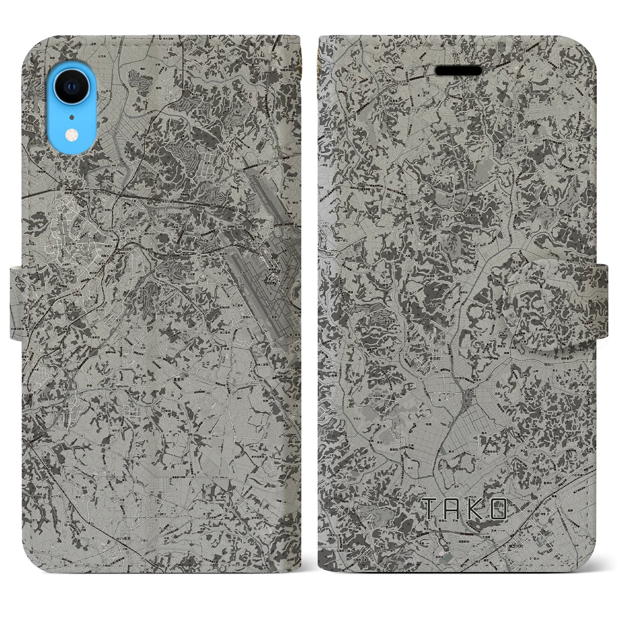 【多古(千葉県)】地図柄iPhoneケース(手帳タイプ)モノトーン・iPhone XR 用