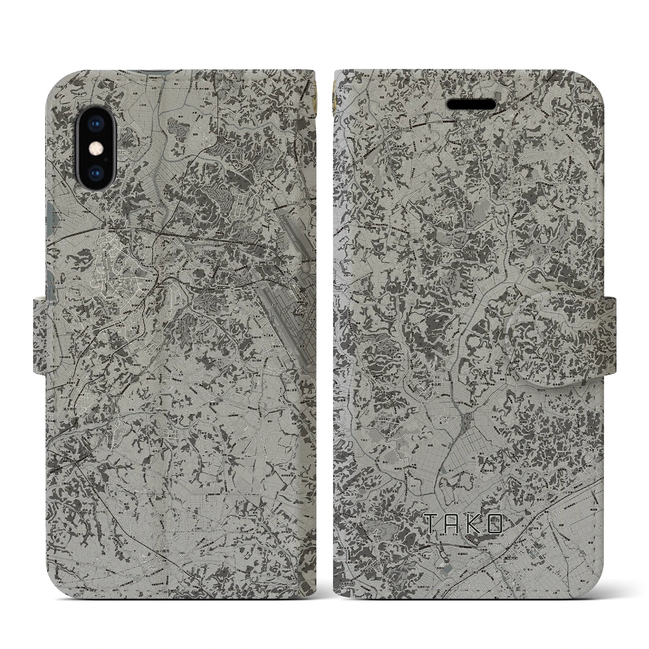 【多古(千葉県)】地図柄iPhoneケース(手帳タイプ)モノトーン・iPhone XS / X 用