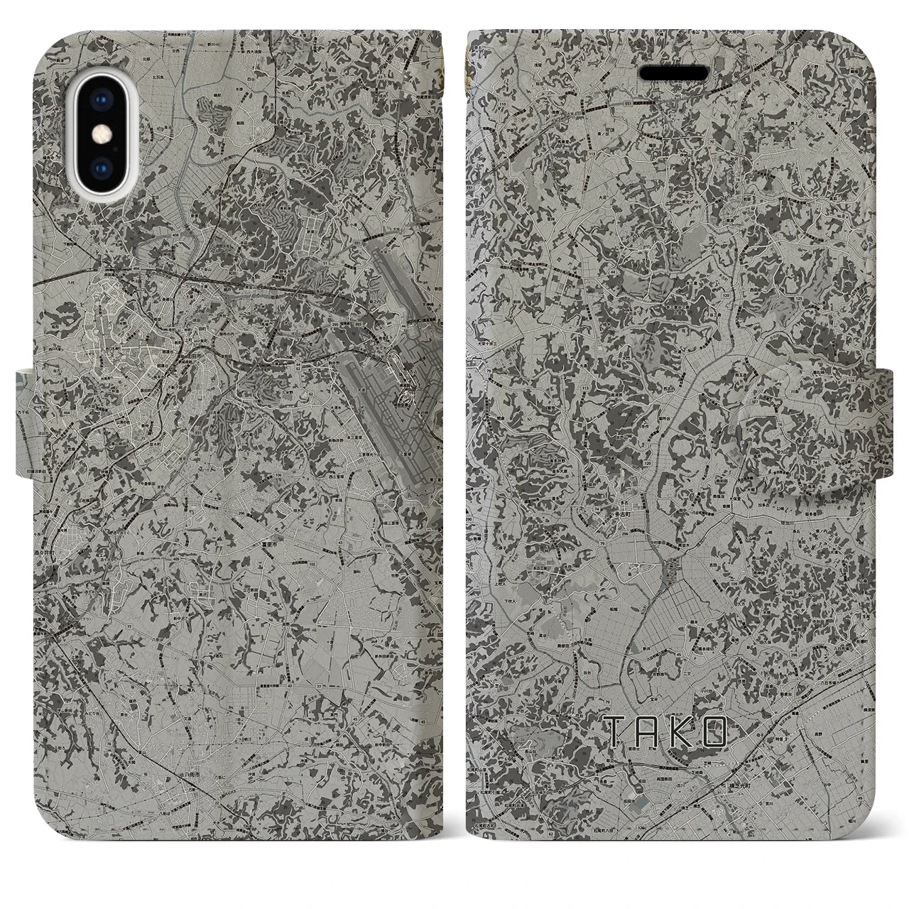 【多古(千葉県)】地図柄iPhoneケース(手帳タイプ)モノトーン・iPhone XS Max 用