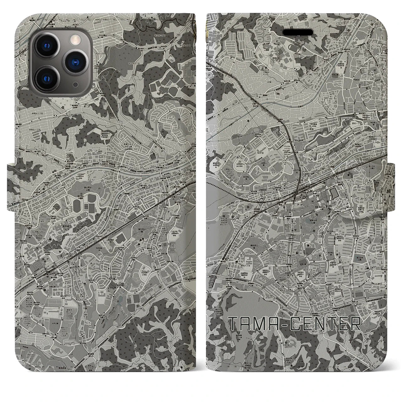 【多摩センター(東京都)】地図柄iPhoneケース(手帳タイプ)モノトーン・iPhone 11 Pro Max 用