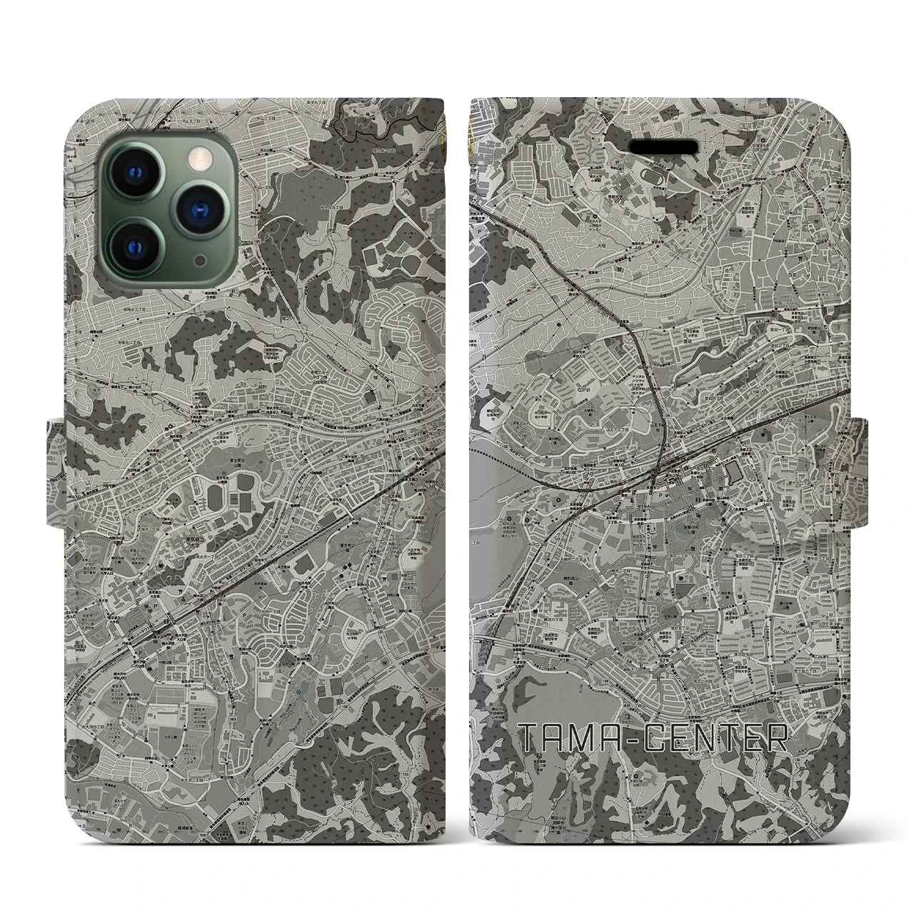 【多摩センター(東京都)】地図柄iPhoneケース(手帳タイプ)モノトーン・iPhone 11 Pro 用