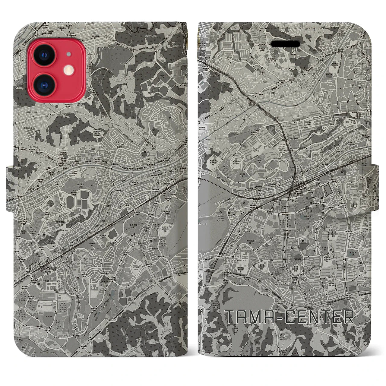 【多摩センター(東京都)】地図柄iPhoneケース(手帳タイプ)モノトーン・iPhone 11 用